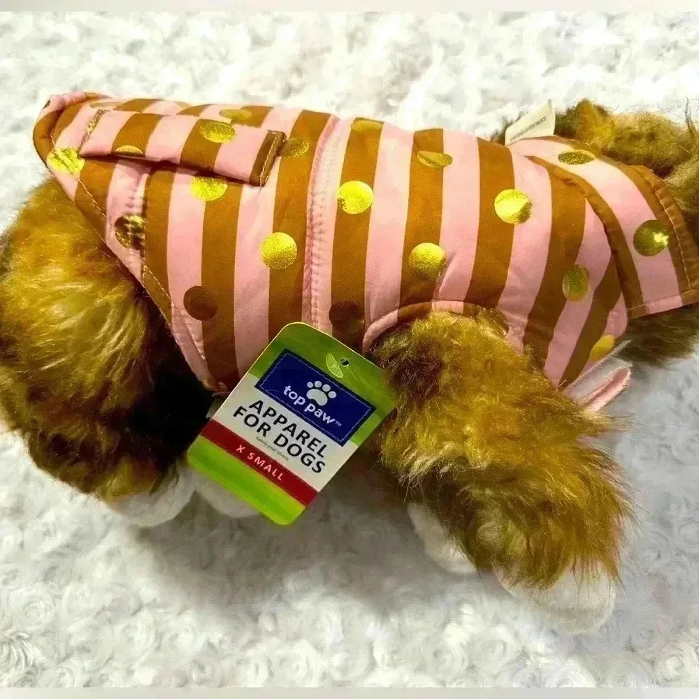 Top Paw Pink Gold Polka Dot Striped Dog Puffer Jacket XS